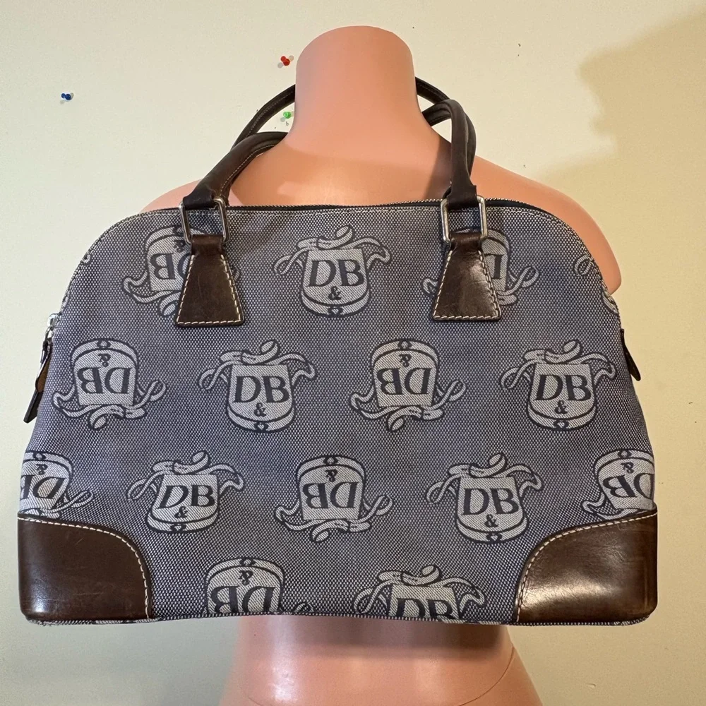Dooney & Bourke Signature Donegal DB Gray Large Dome Satchel Purse Leather Trim